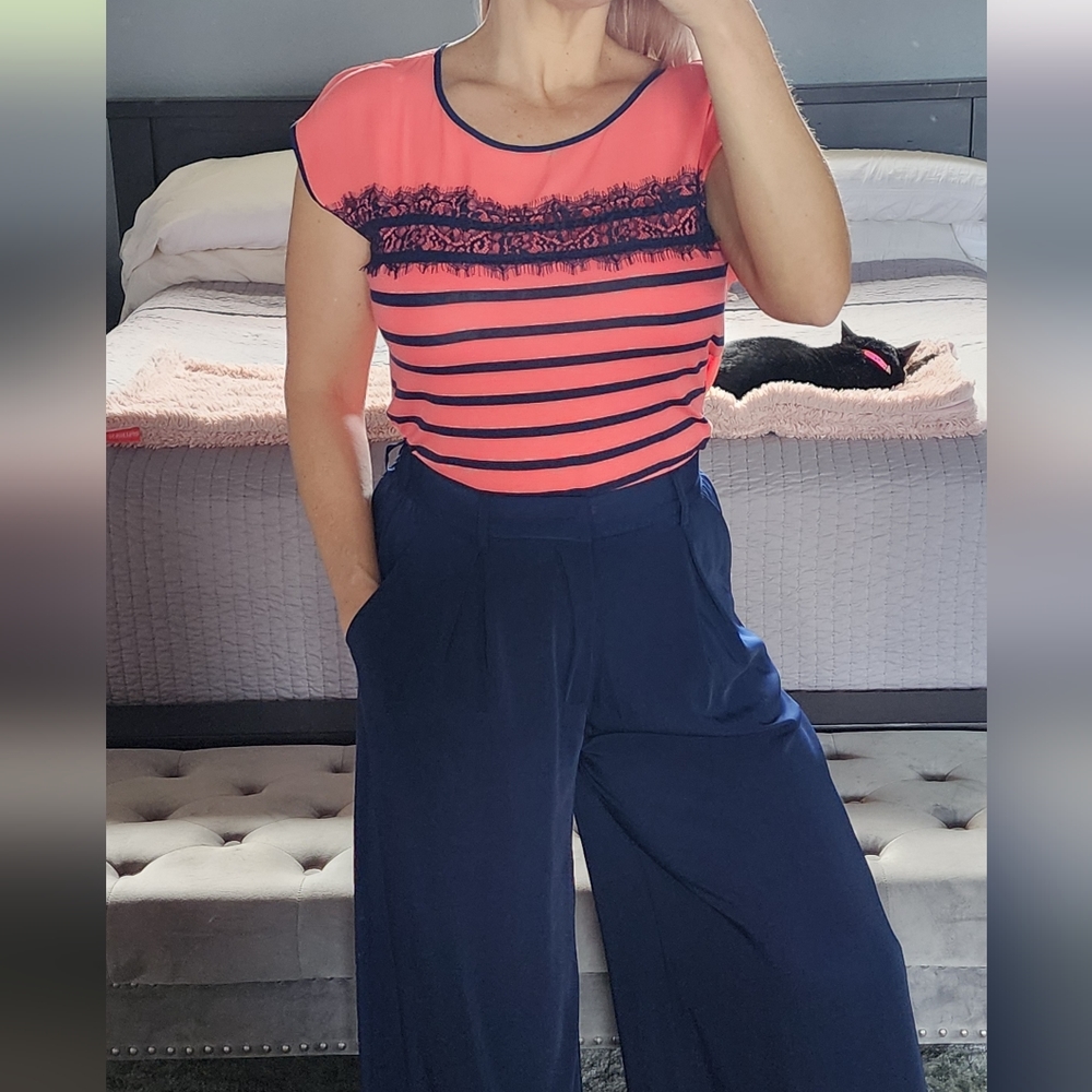 Coral and blue striped blouse